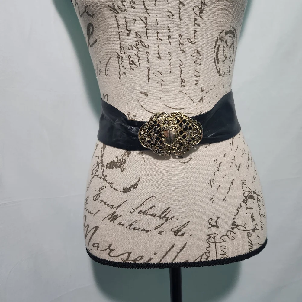 Vintage Western Clara Micha Pleather Belt W Gold Color Metal Buckle.